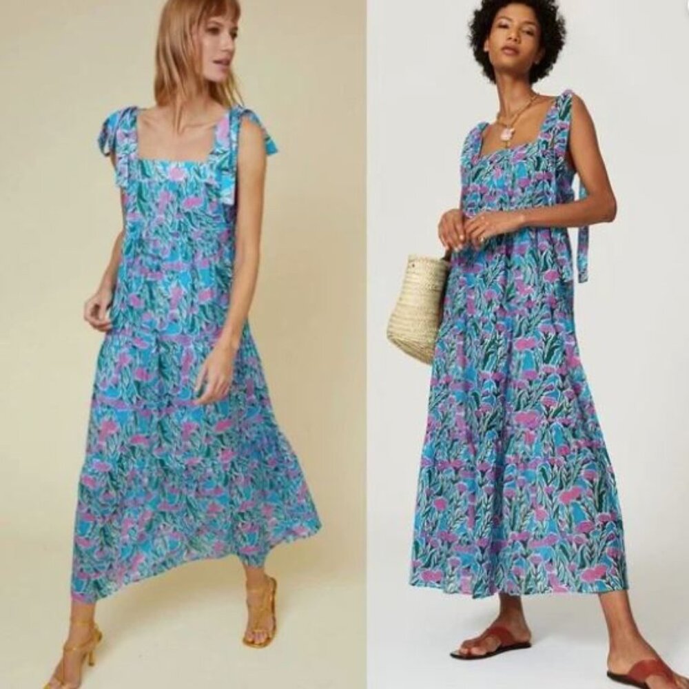 Warm Maxi Dress Size Large Floral Boho 100% Cotton Flowy Tiered Adjustable Strap